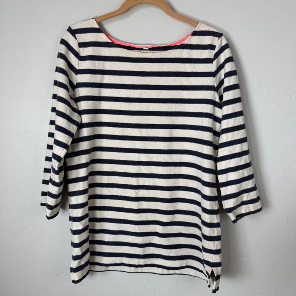 J.Crew Women's M Striped Boatneck Top Cream Navy 3/4 Sleeve Neon Pink Trim Knit